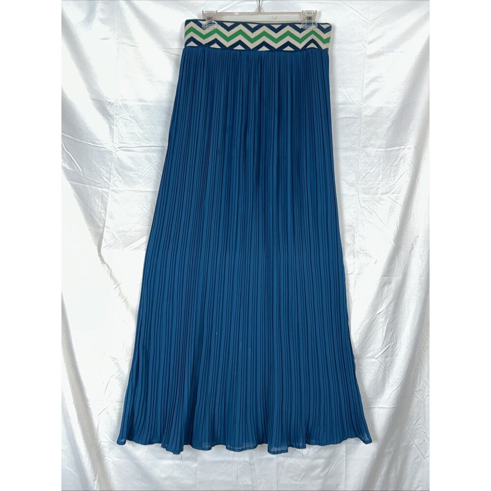 Lucy & Laurel Teal Blue Pleated Maxi Skirt Chevron Knit Waistband Medium